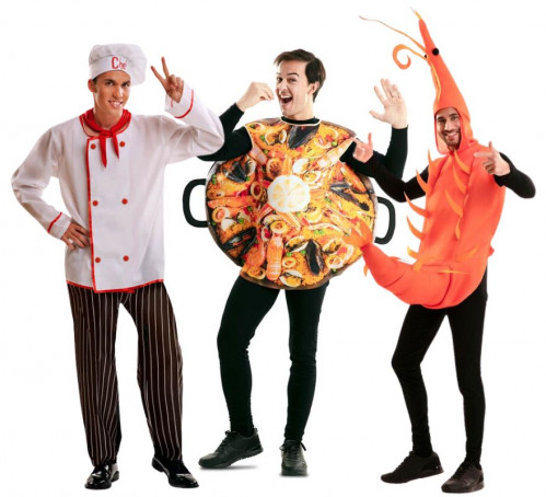 Grupo de cozinha e paella de marisco