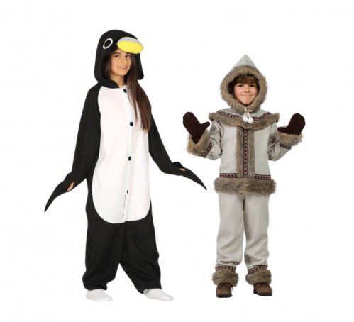 Penguin and Eskimo child couple
