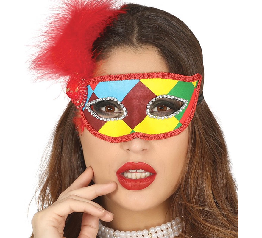 Multicolor Harlequin Mask with Feather