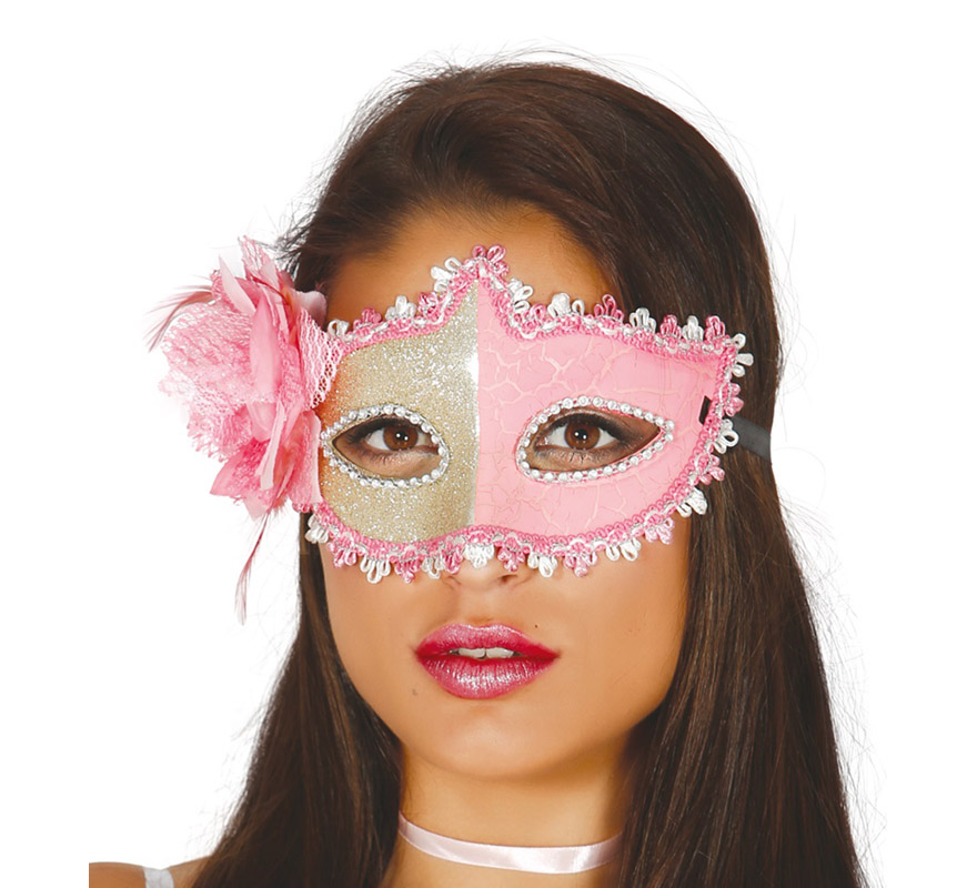 Máscara rosa com flor rosa