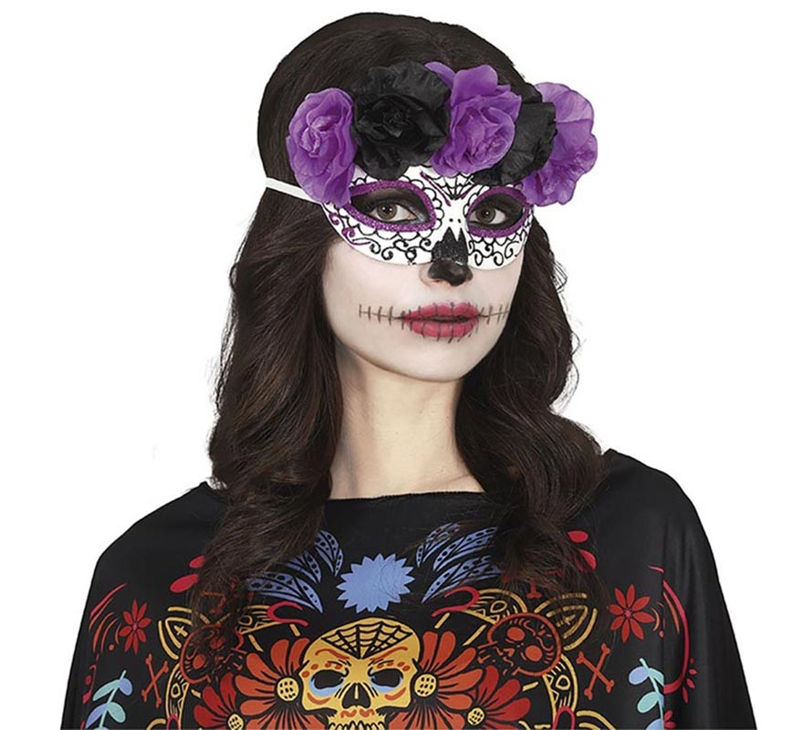 Máscara Catrina Flores lilás e pretas