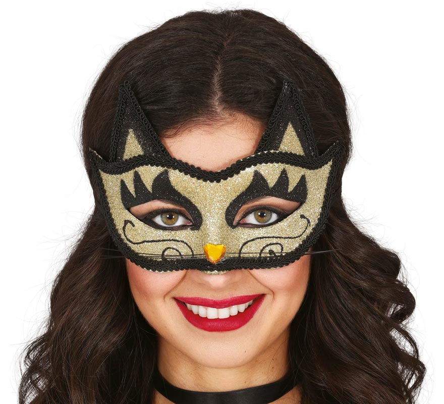 Máscara de gato com glitter dourado para adulto