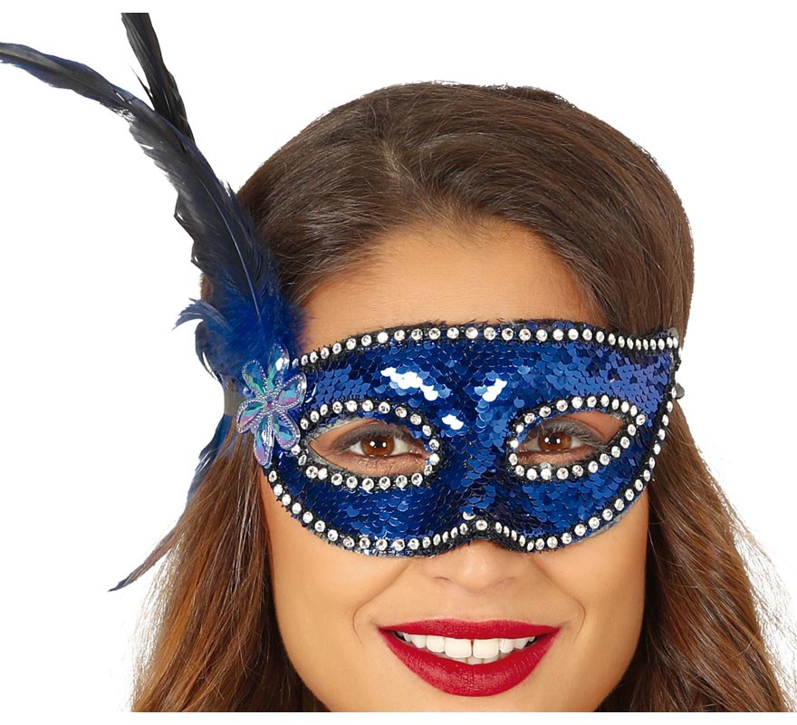 Máscara de lantejoulas azul com penas