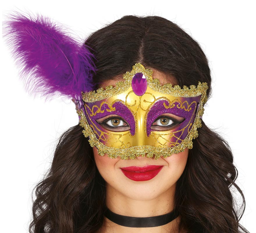Gold and lilac mask with adult feather Gold and lilac mask with adult feather