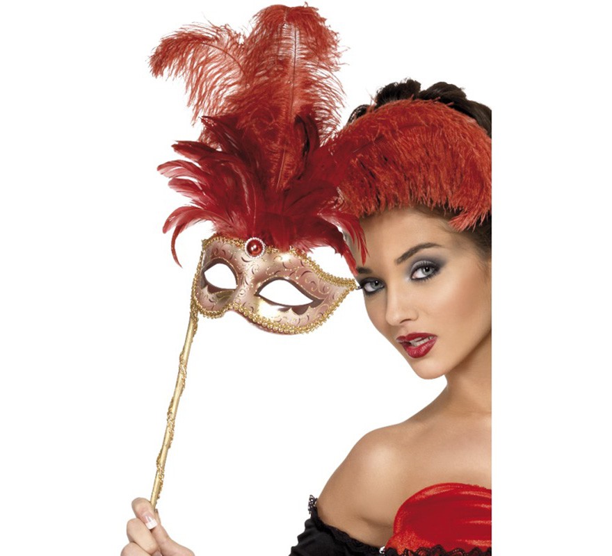 Red Baroque Fantasy Mask with feathers