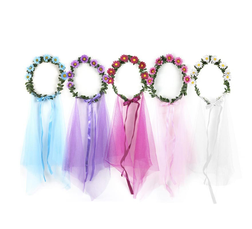 Daisy flower hoop with veil and ribbon assorted colors