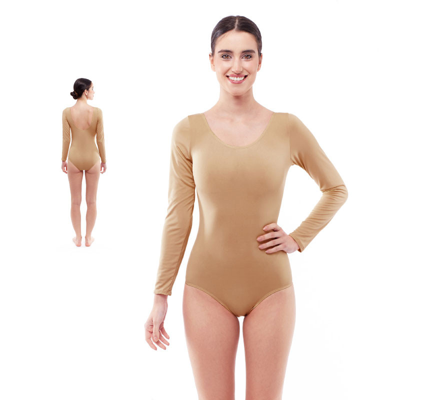 Beige long-sleeved bodysuit or leotard for women