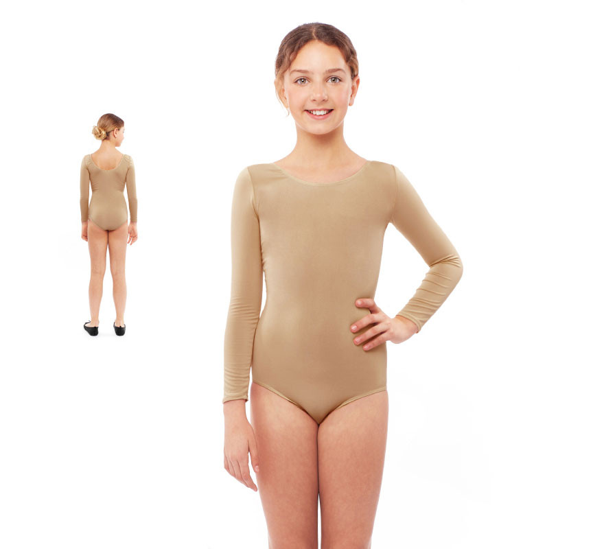 Beige long-sleeved bodysuit or leotard for girls