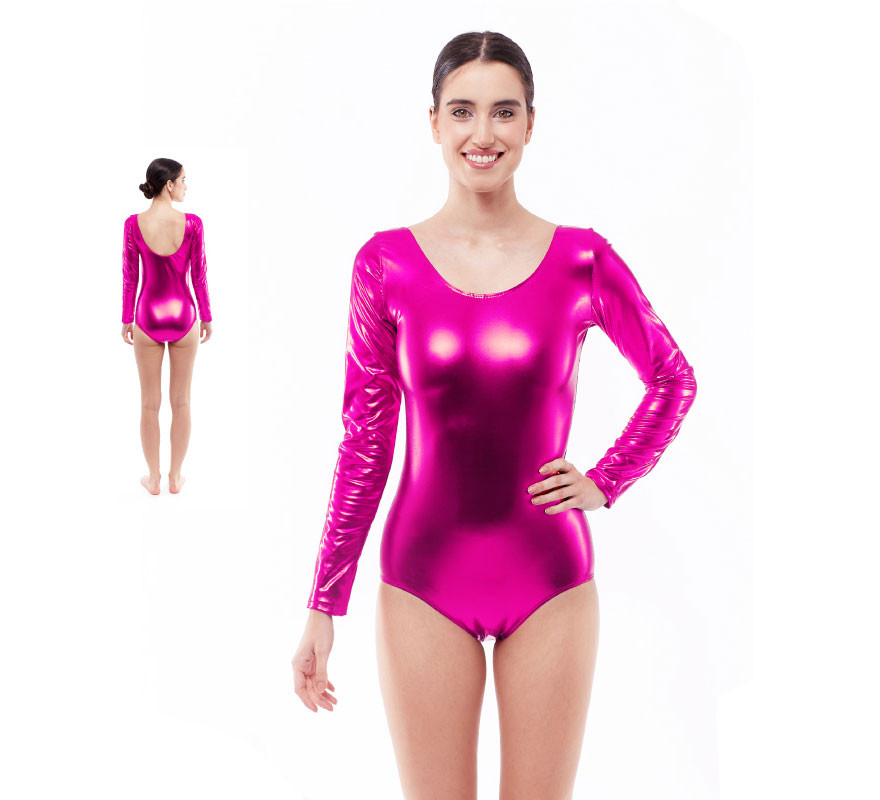 Fuchsia metal long sleeve bodysuit or maillot for women