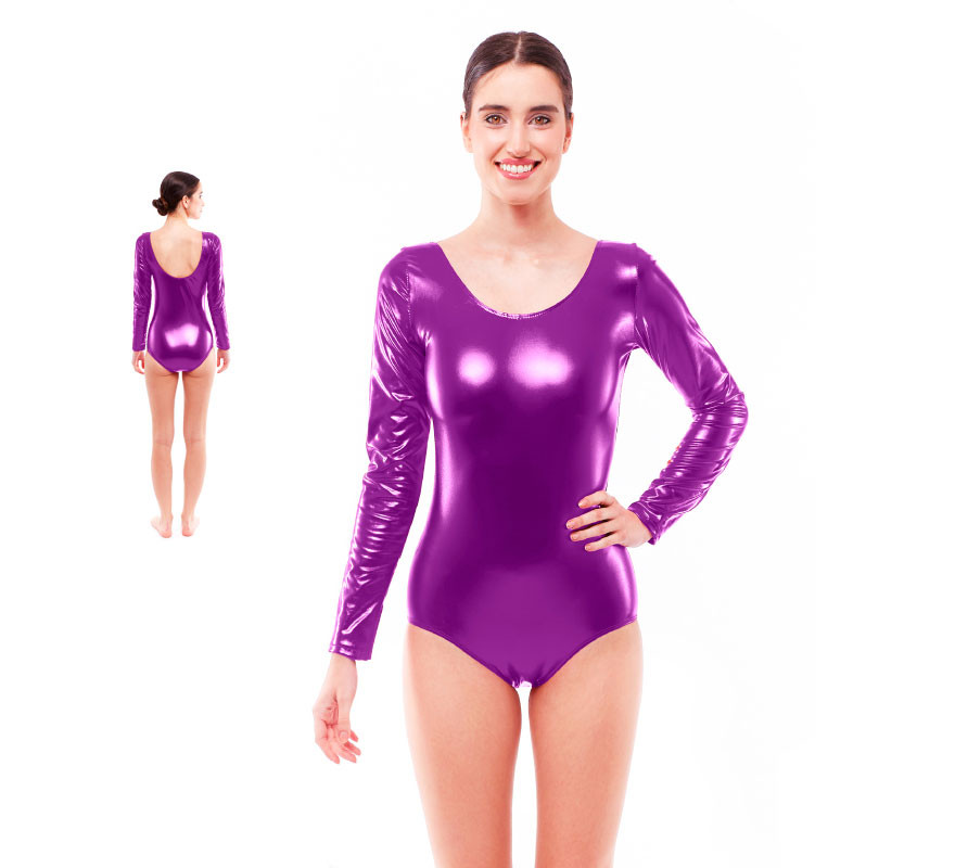 Body ou maillot de manga comprida de metal roxo para mulheres