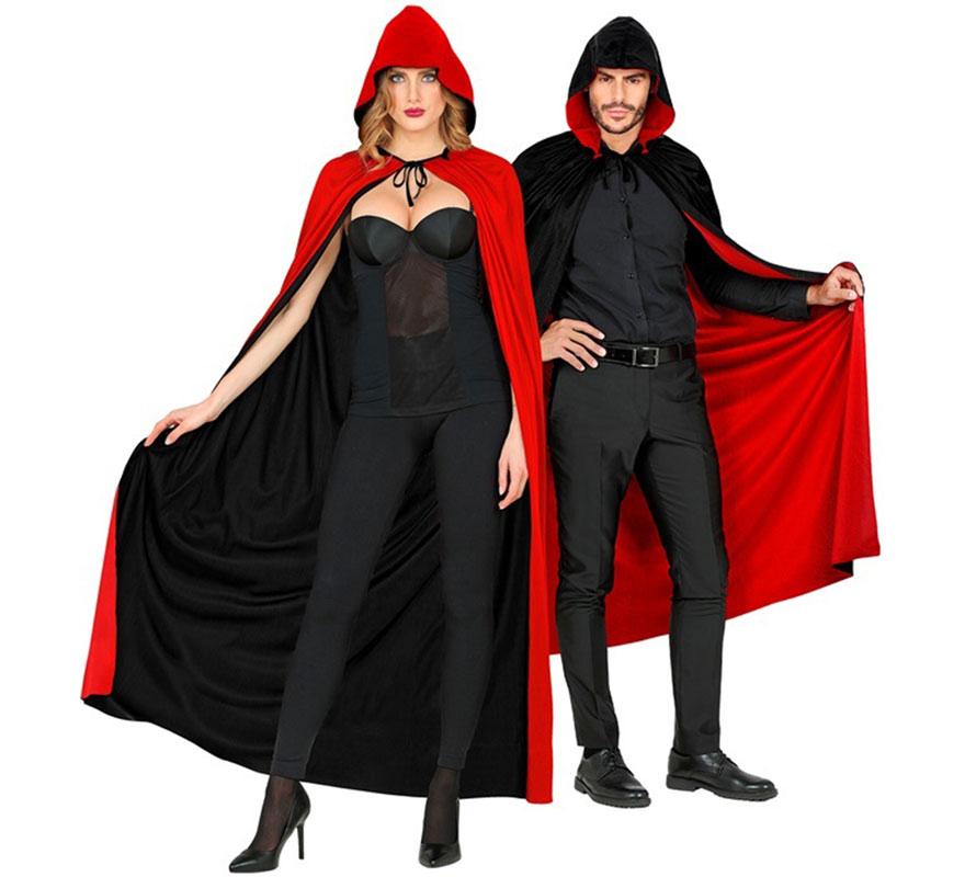 Black and red reversible hooded cape, 140 cm, for adults