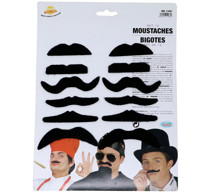 Pacote de cartão de 12 bigodes pegajosos sortidos