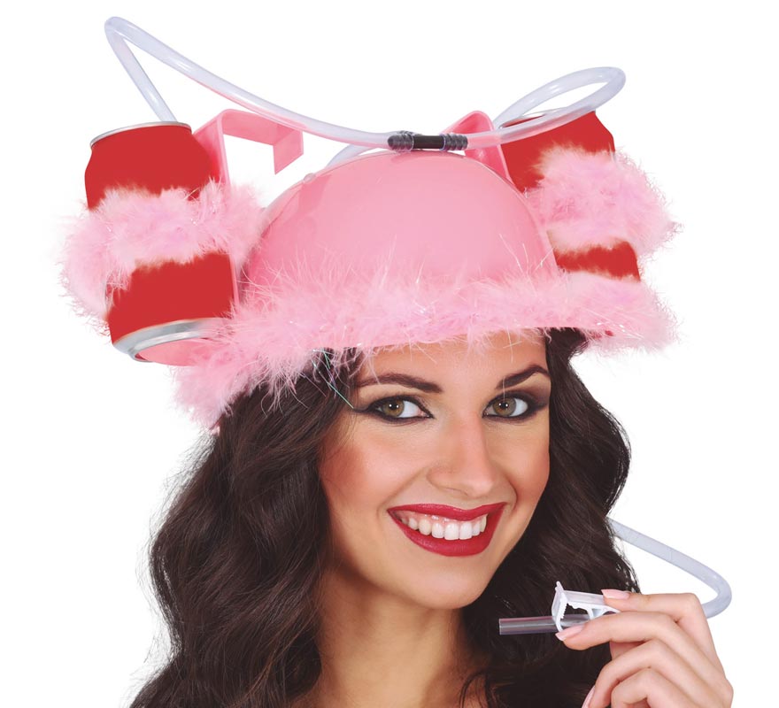 Capacete de penas rosa com bebidas