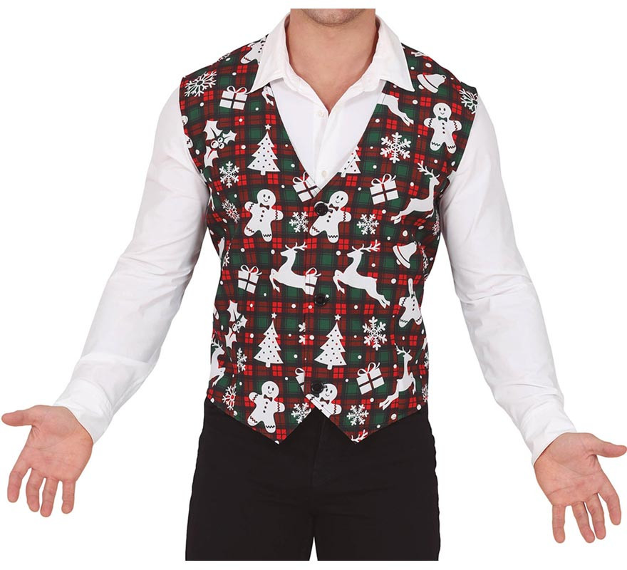 Adult green and red plaid vest with Christmas figures Adult green and red plaid vest with Christmas figures