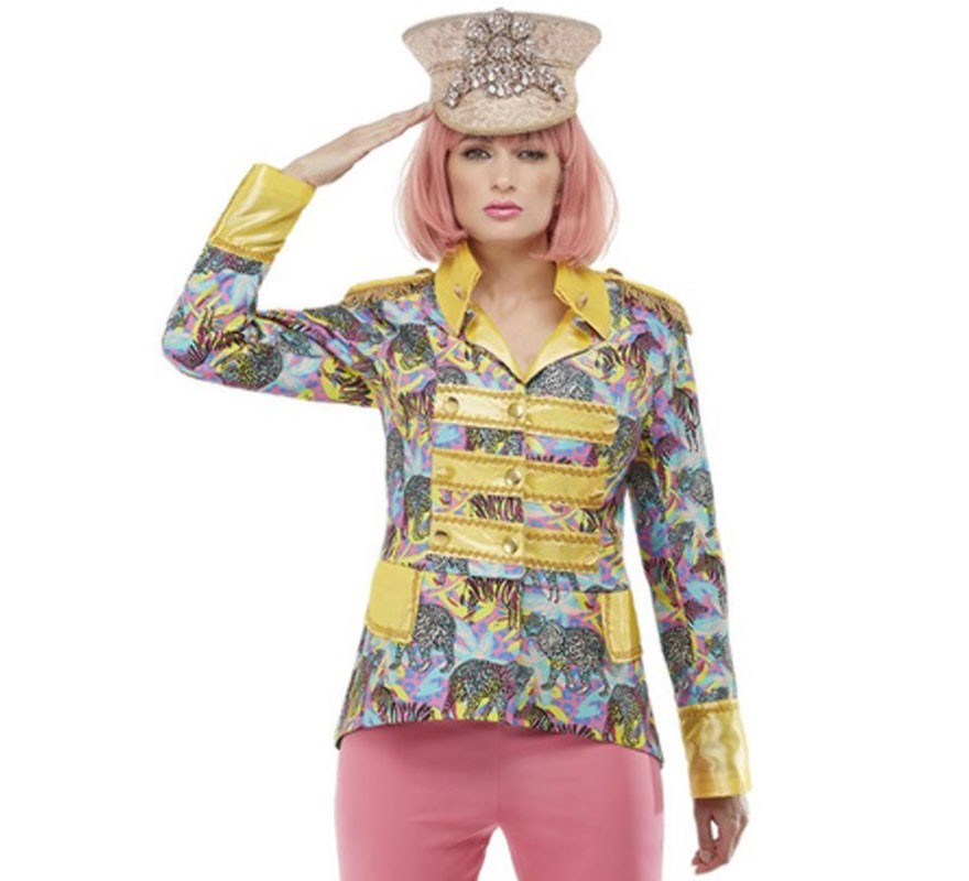 Casaco amarelo e azul dos anos 70 com detalhes dourados para mulheres