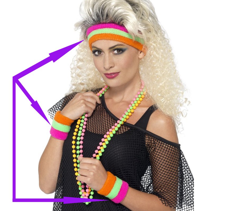 Faixa para a cabeça e 2 pulseiras fluorescentes dos anos 80