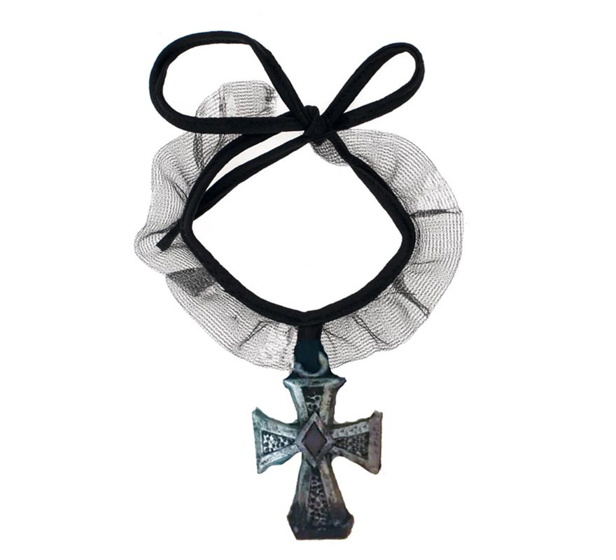 Dark Gothic Cross Necklace with Ribbon