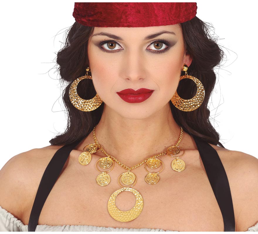 Colar e brincos ciganos metálicos em ouro Colar e brincos ciganos metálicos em ouro