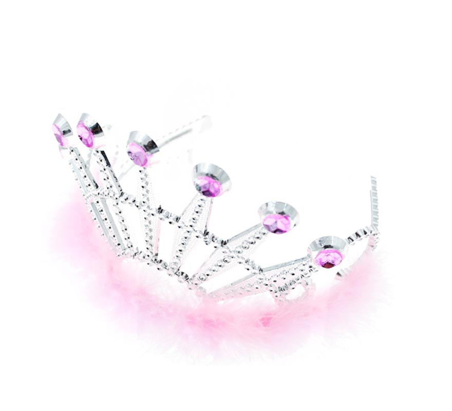 Silver princess crown with pink feathers