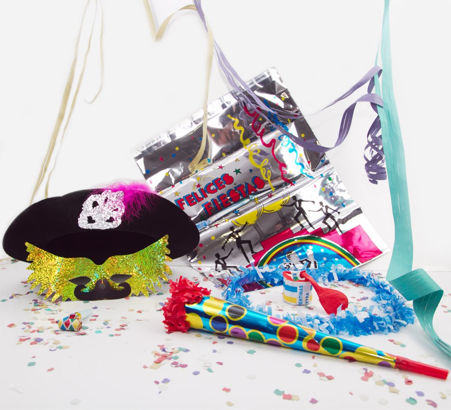Premium Deluxe New Year's Eve party favors in a metallic bag. Bag + 7 pieces