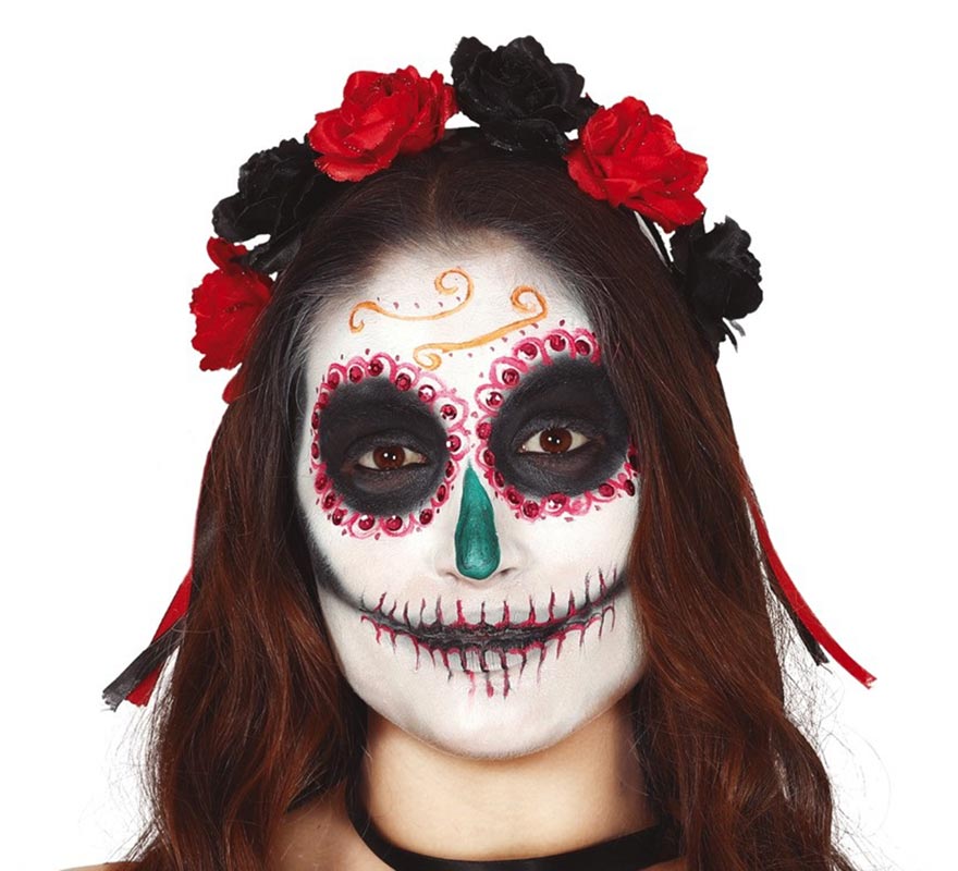 Diadema com flores vermelhas e pretas