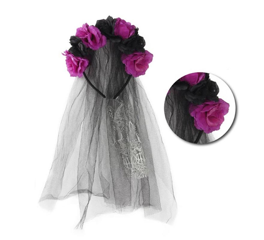 Tiara Catrina com flores roxas e pretas com véu