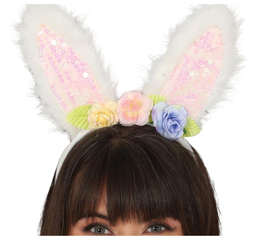 Bunny Headband with Sequins and Roses