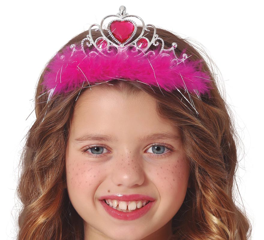 Red and silver heart headband with children's fuchsia feather