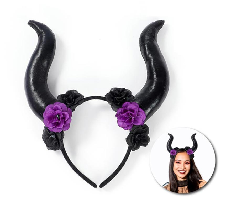 Tiara de chifres pretos e flores