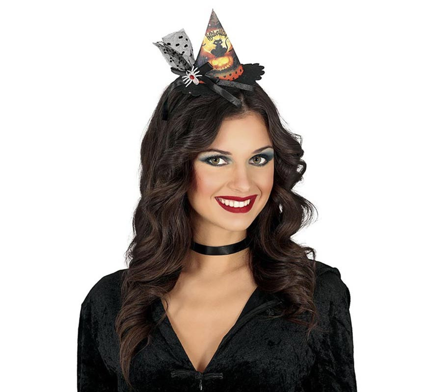 Tiara de mini chapéu de bruxa com bolinhas