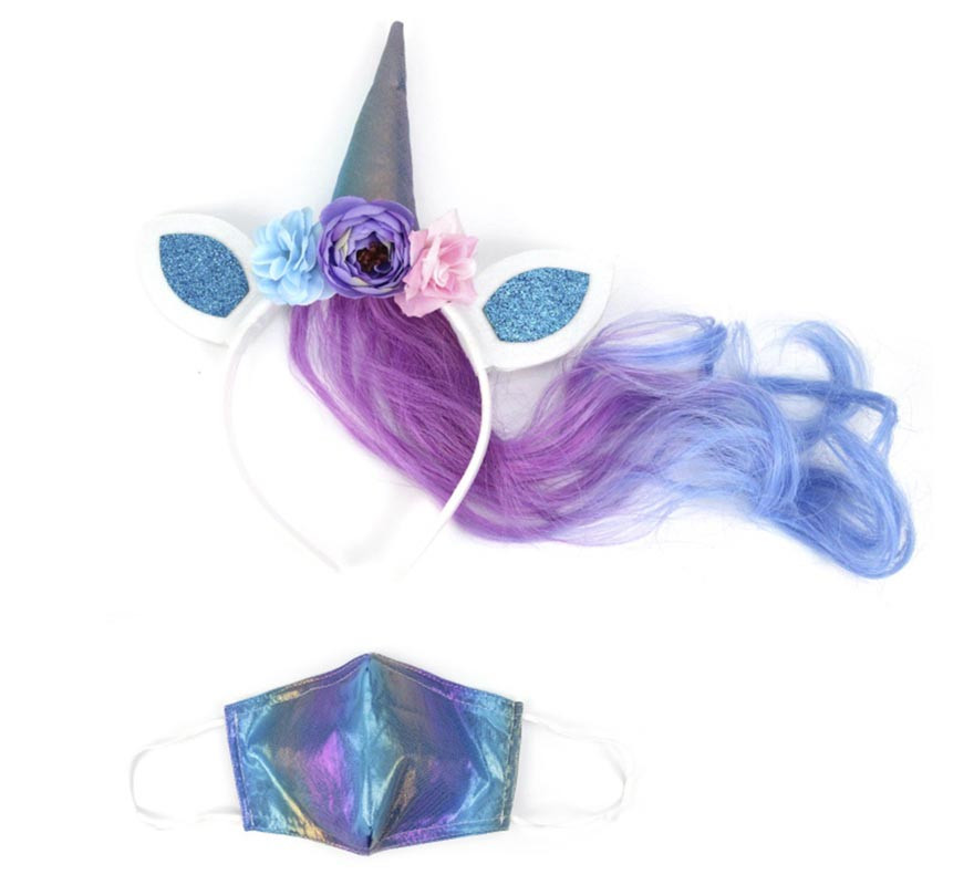 Tiara de orelha de unicórnio azul com máscara
