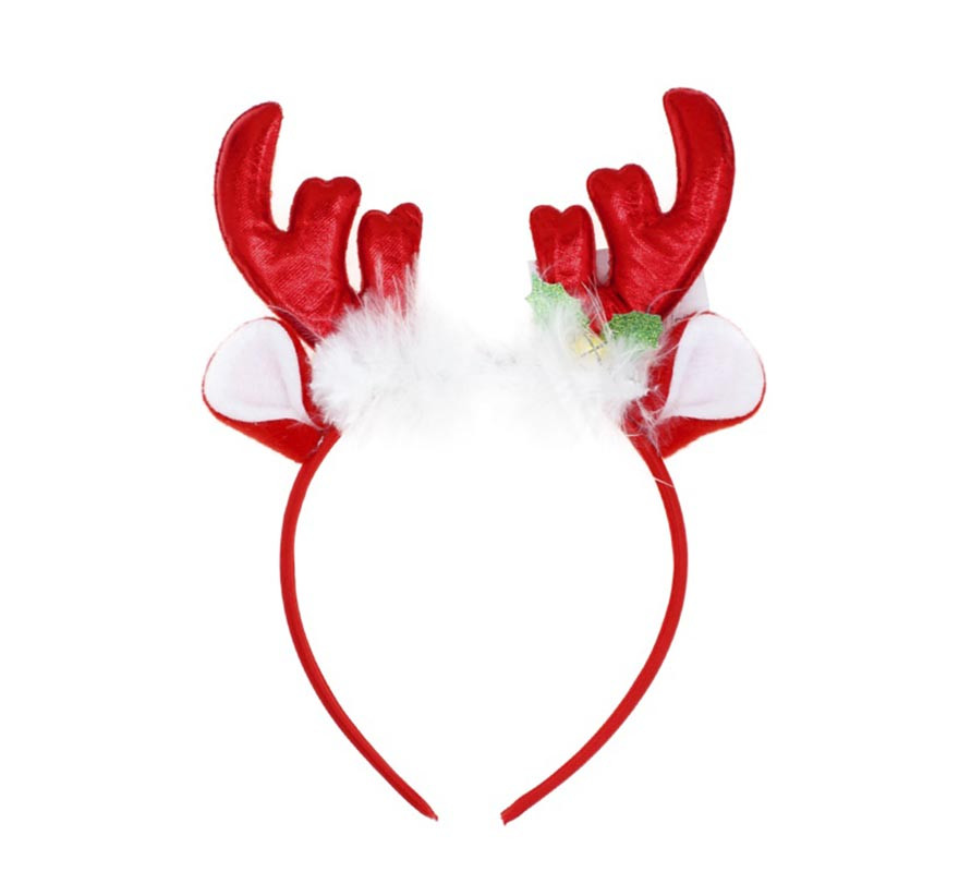 Red reindeer headband with white feathers