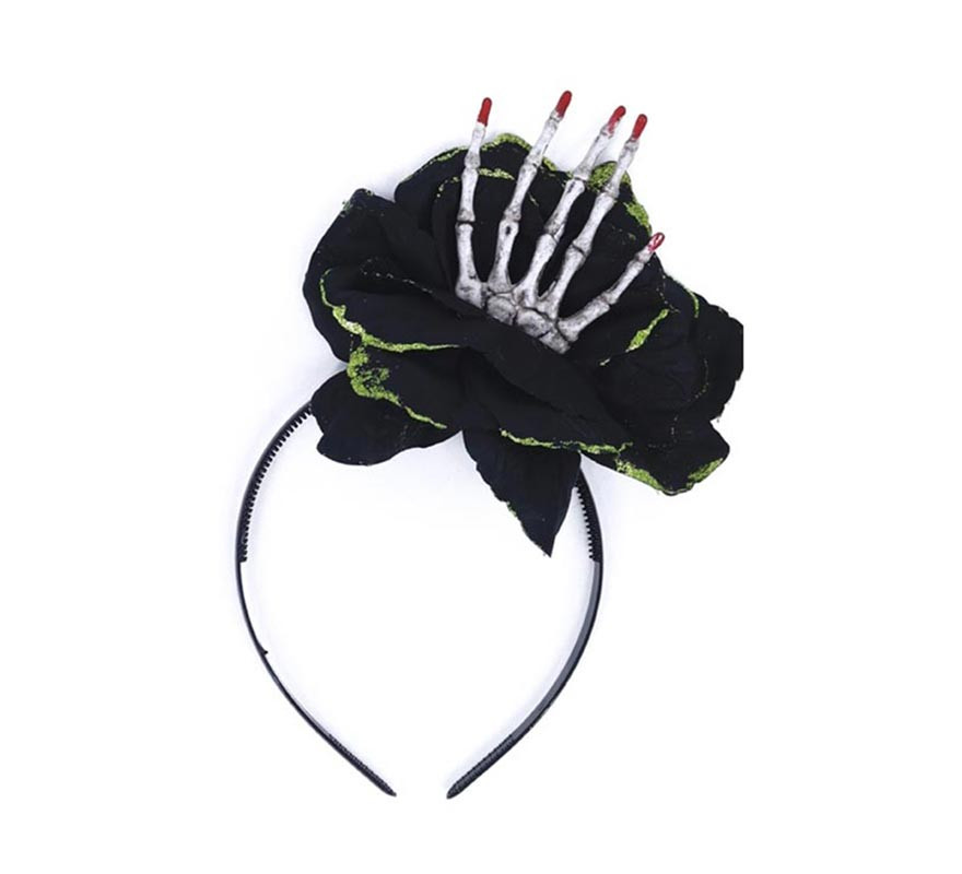 Tiara rosa preta com mão de esqueleto