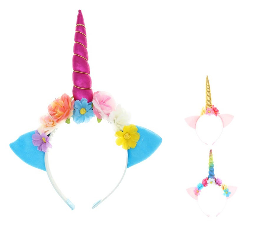Tiara de unicórnio com chifre, orelhas e flores em cores sortidas