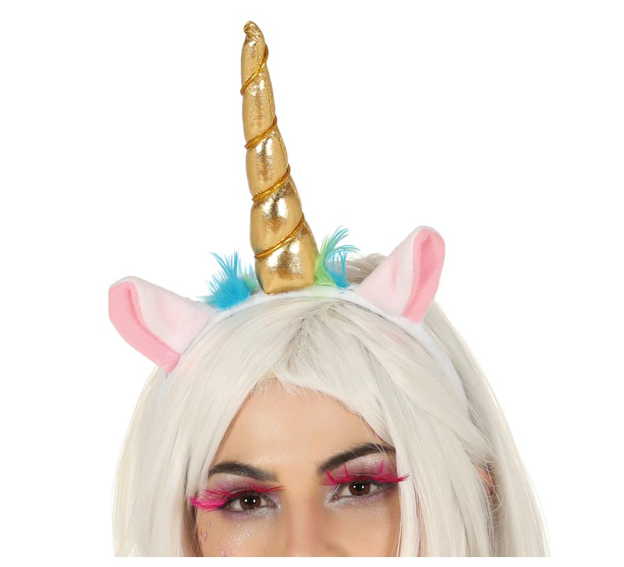 Diadema de unicórnio dourado com chifre e orelhas