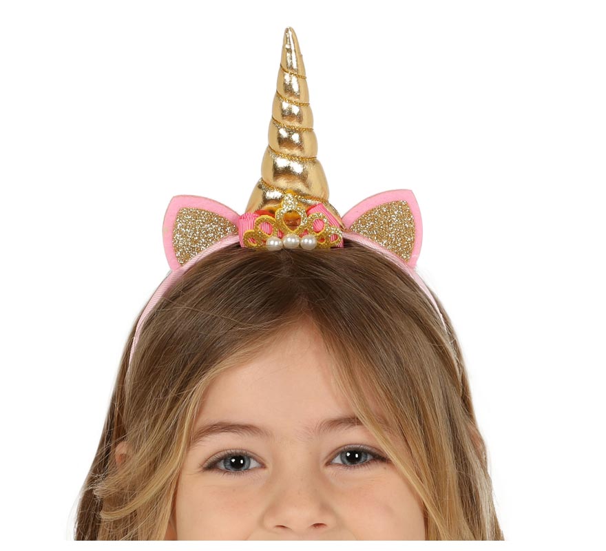 Diadema de unicórnio dourado com chifre e orelhas Diadema de unicórnio dourado com chifre e orelhas
