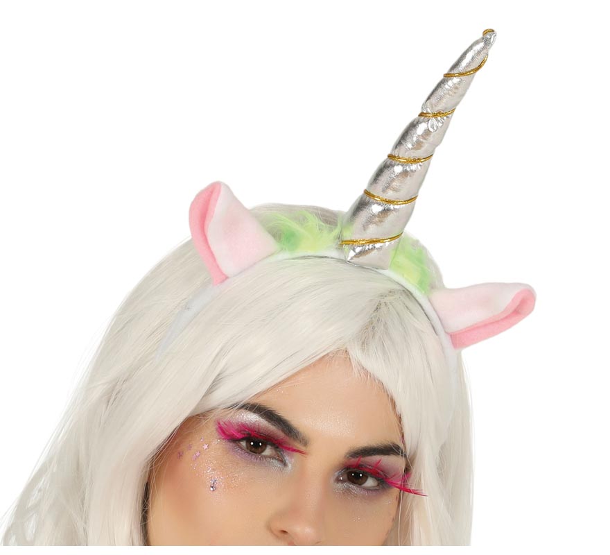 Tiara de unicórnio prateada com chifre e orelhas