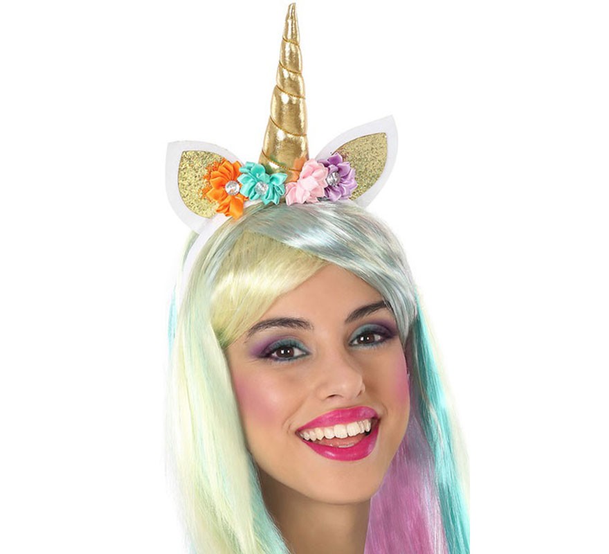 Tiara de unicórnio com orelhas e flores