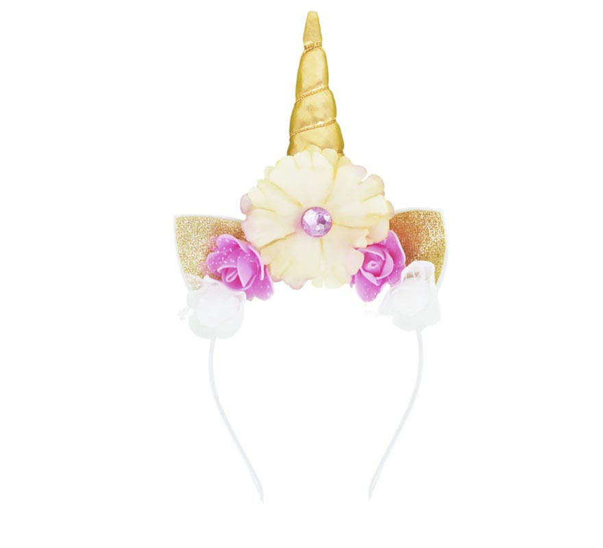 Tiara de unicórnio dourado com flores e orelhas
