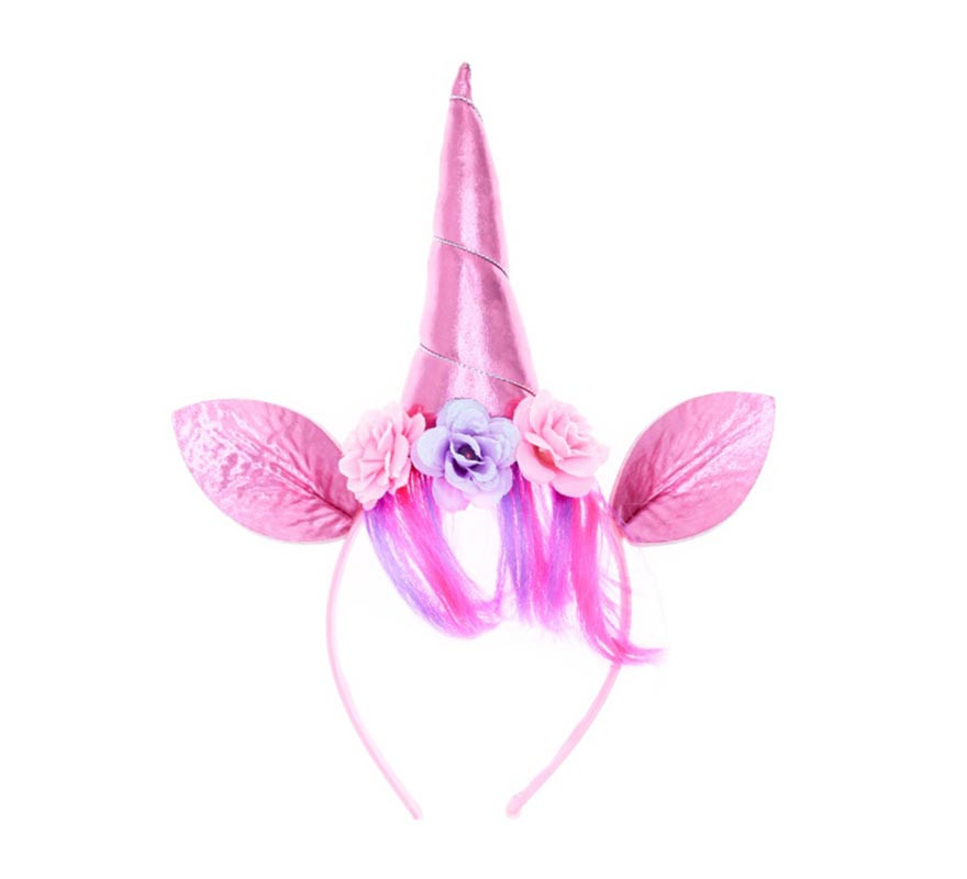 Tiara de unicórnio rosa com orelhas e flores