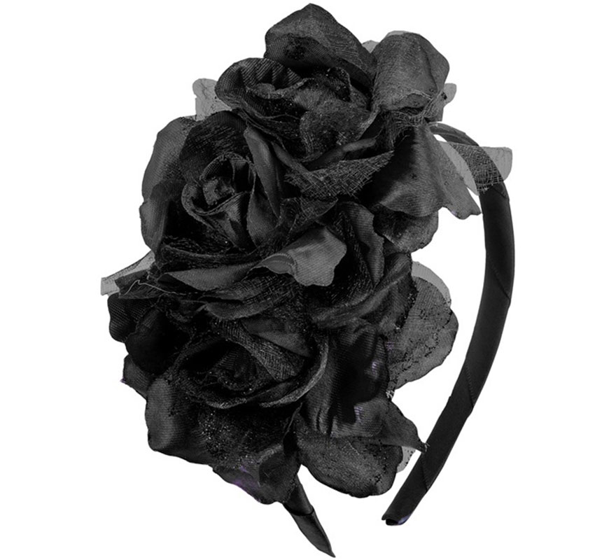 Tiara gótica com 3 rosas pretas brilhantes