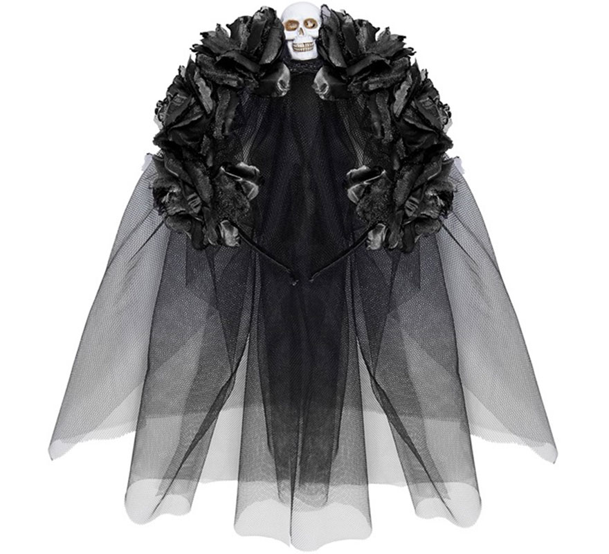 Tiara gótica com 6 rosas pretas com caveira e véu