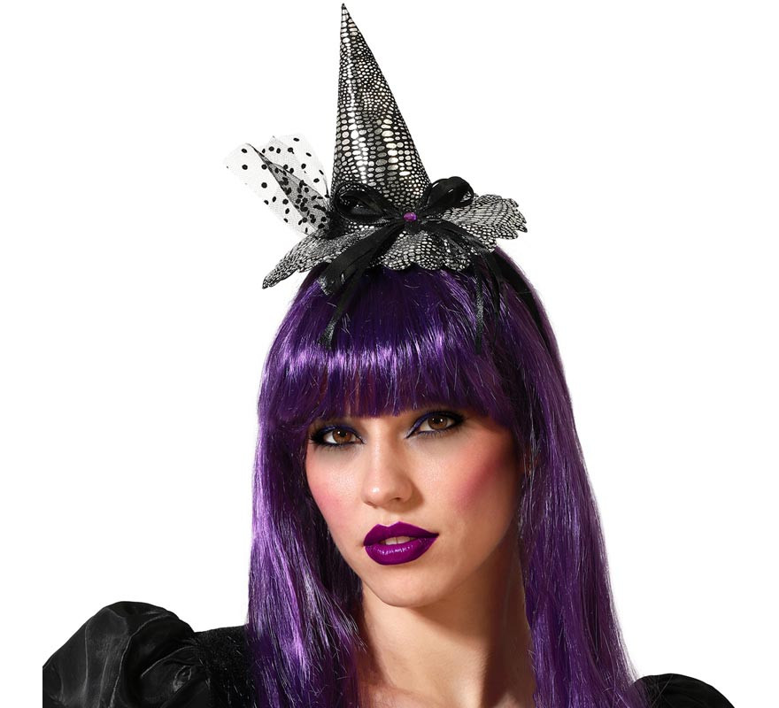 Faixa de cabeça mini chapéu de bruxa prateada