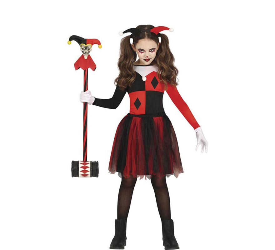 Elegante disfarce de arlequina vermelha e preta para menina