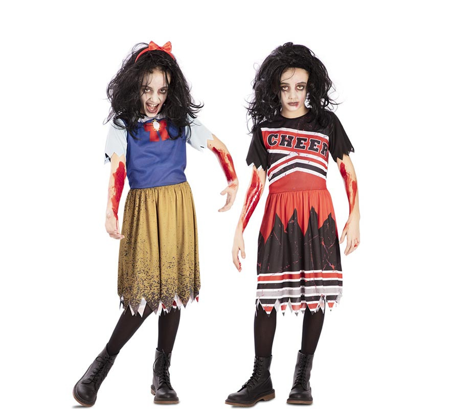 Fato reversível 2 em 1 de zumbi de líder de torcida branca de neve para menina