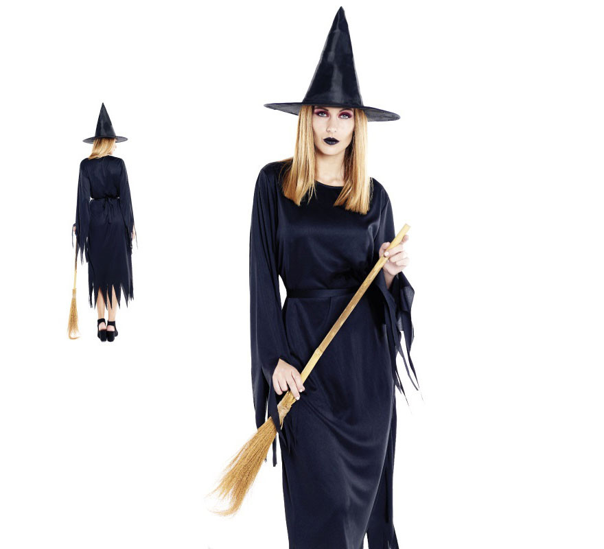 Fato de bruxa negra com pontas para mulher