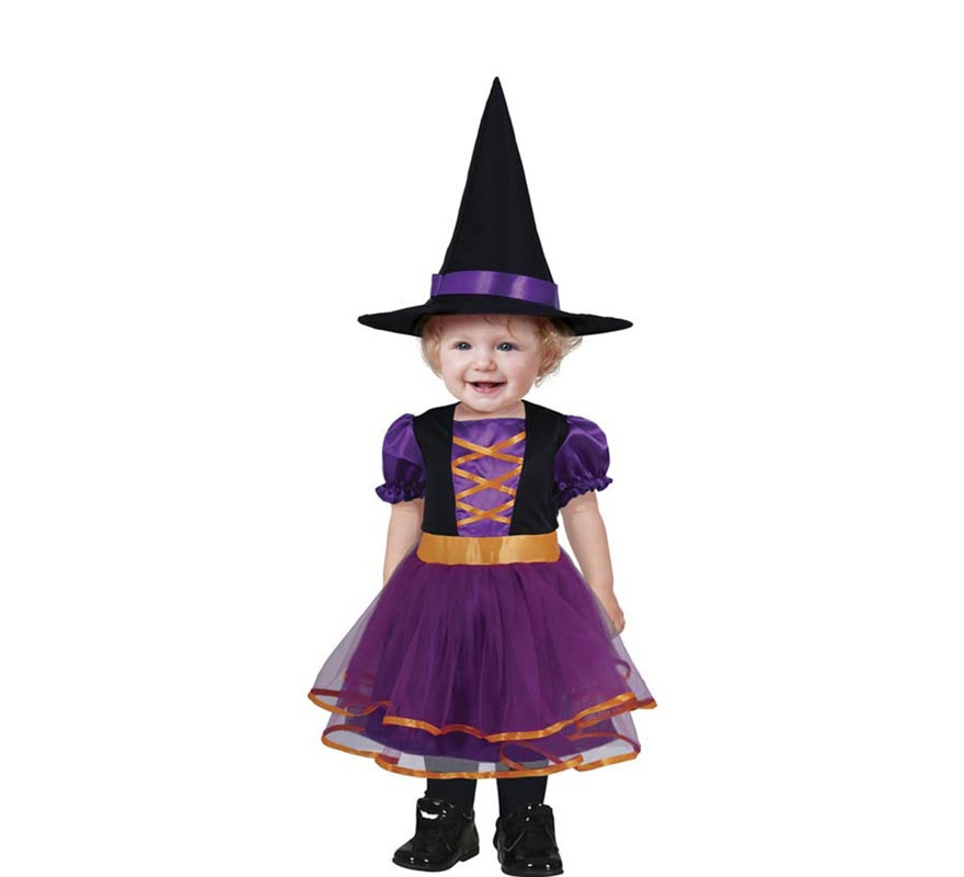 Fato de bruxa roxa e laranja para menina e bebé