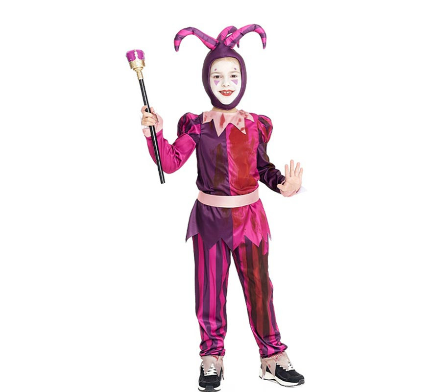 Fato de Jester assassino roxo com chapéu para criança