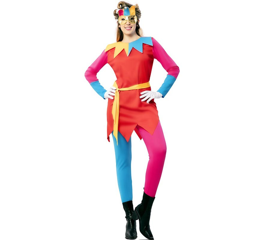 Fato de bobo multicolorido com máscara para mulher