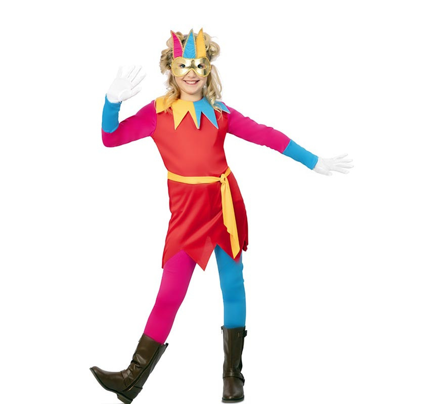 Multicolored Jester costume with mask for girls